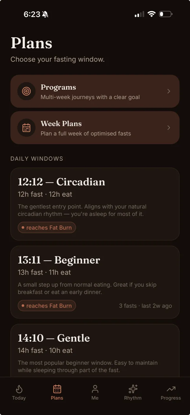 The Fasta Plans screen.