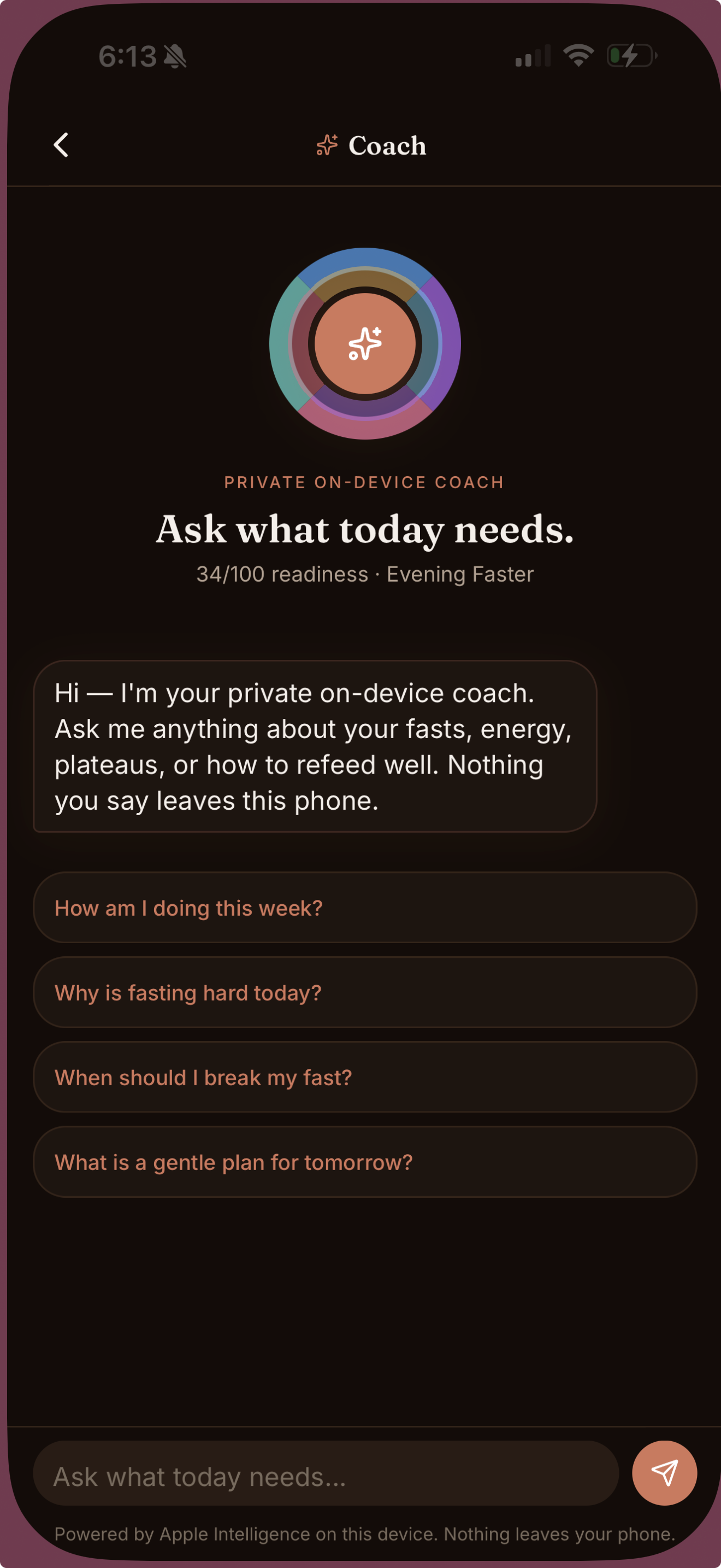 Fasta private on-device coach screen with readiness context and suggested prompts.