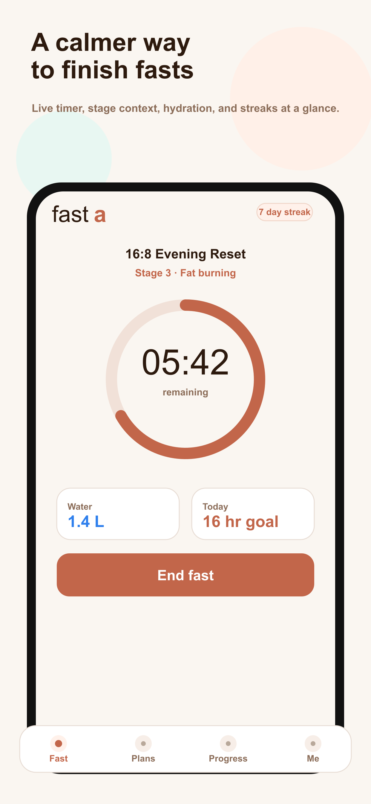 Fasta Today screen showing an active 16:8 fast timer and progress ring.