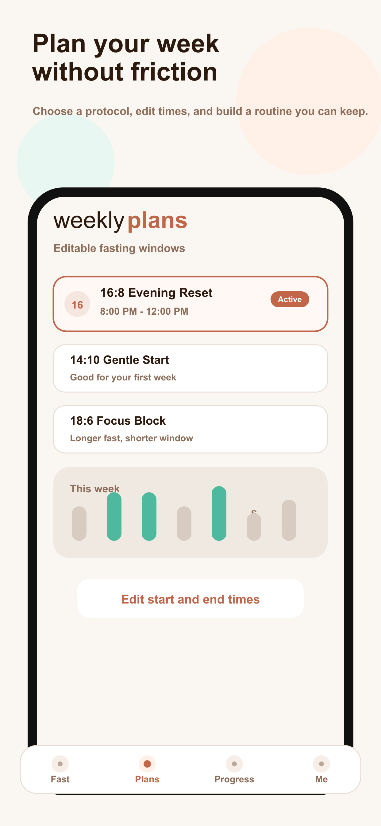 Fasta plans screen showing intermittent fasting plans and weekly structure.