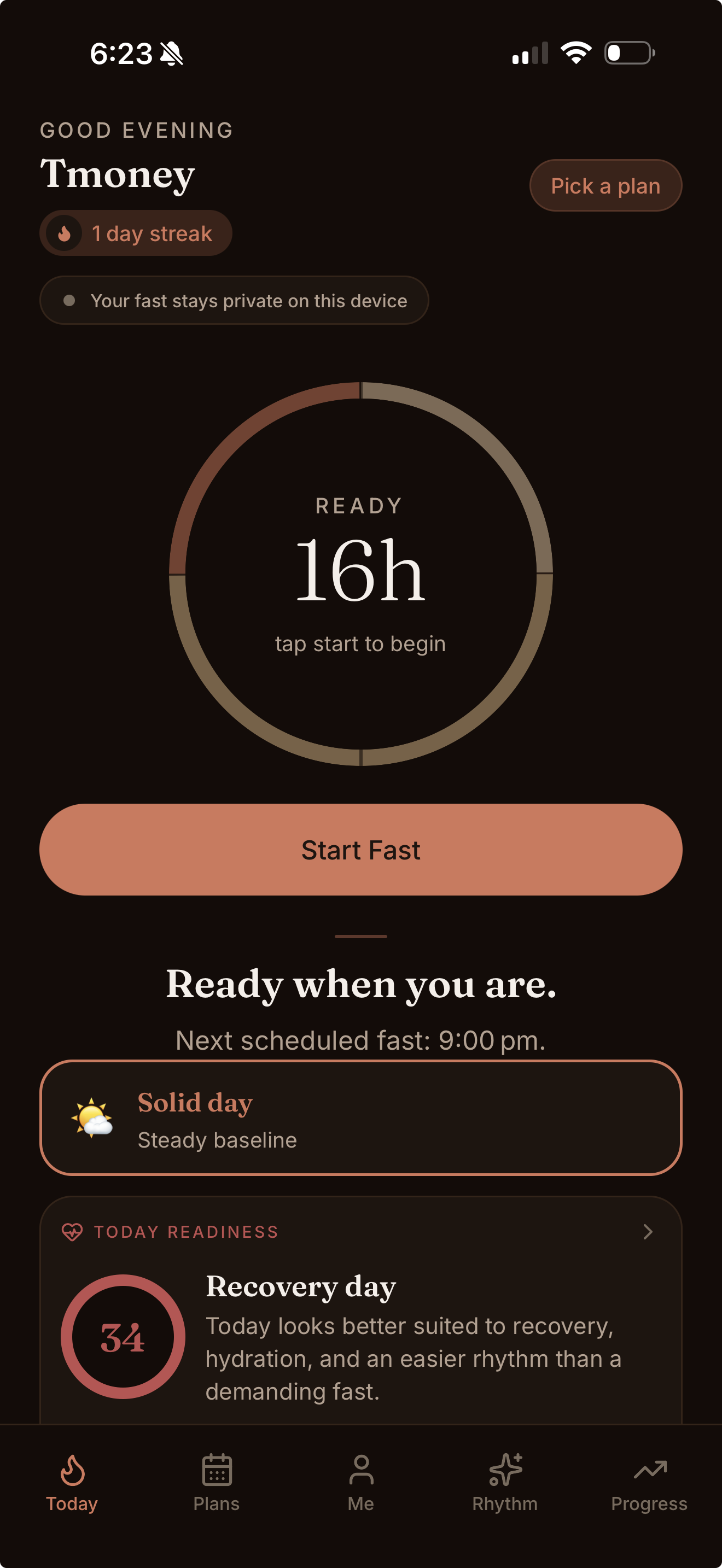 Fasta Today screen with fasting window and readiness guidance.